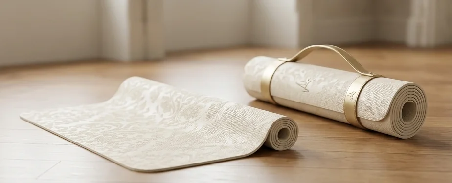 Gerollte Yogamatte mit Damastmuster und goldenem Riemen auf dem Parkett