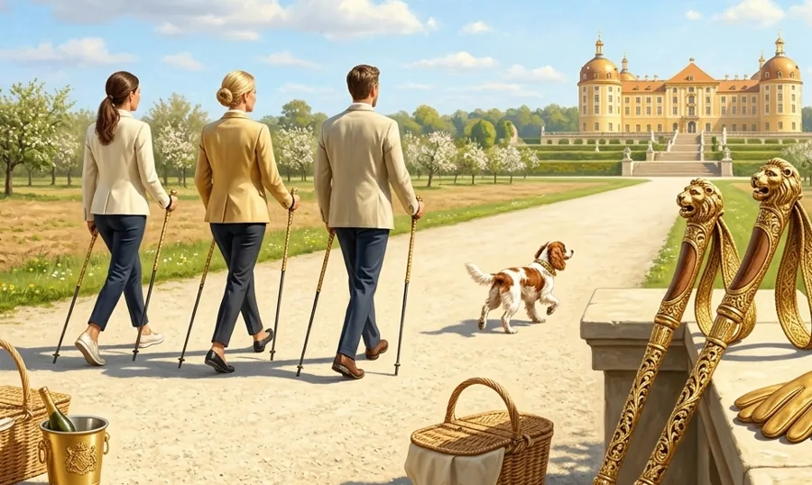 Drei Walkerinnen und Walker mit Stöcken auf einem Weg durch blühende Obstbäume zu einem Barockschloss