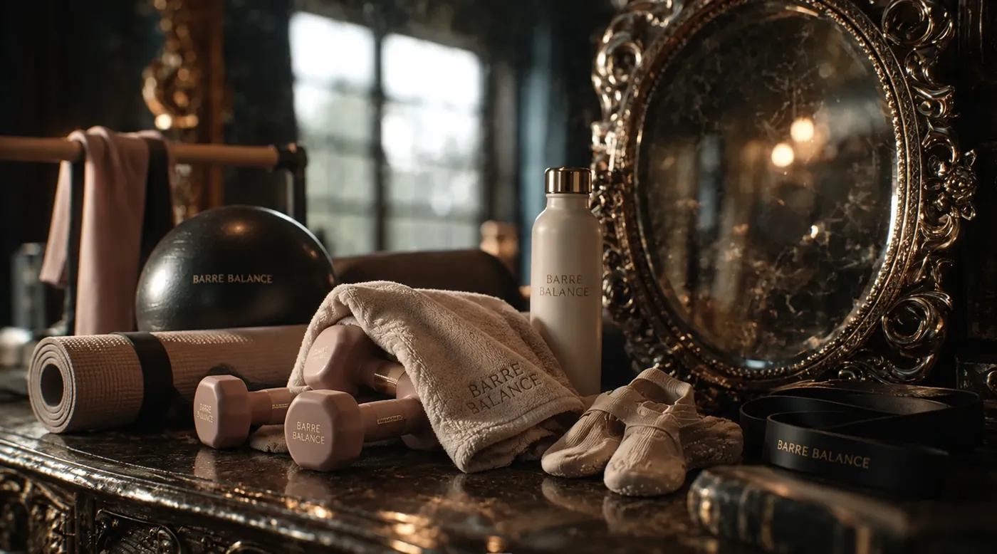 Barre-Ausstattung wie ein Stillleben: Ball, Matte, kleine Hanteln, Handtuch und Trinkflasche vor einem goldenen Barockspiegel